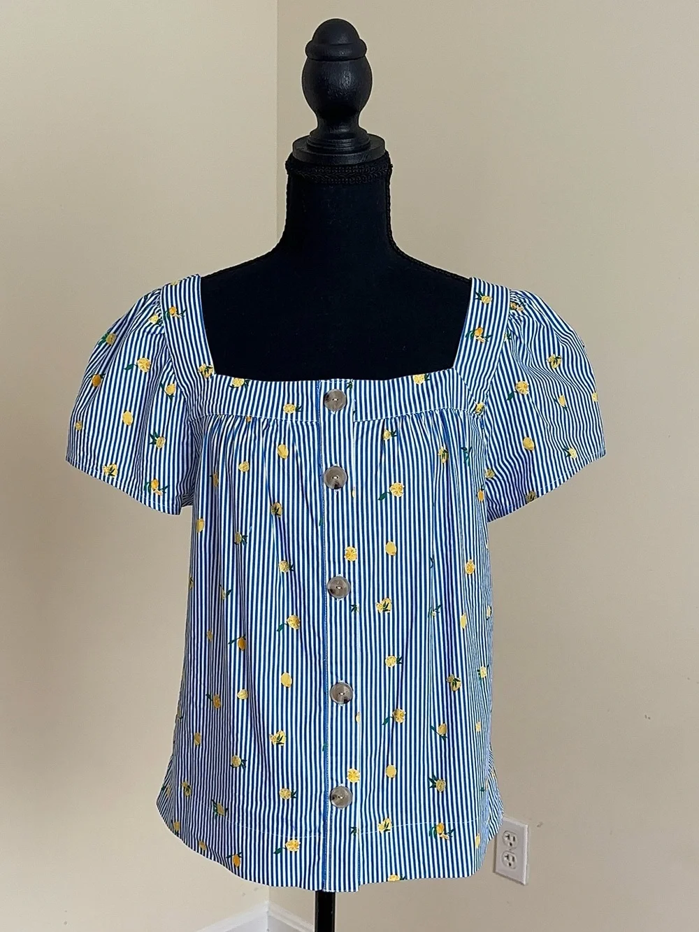 J. Crew Blue Striped Lemon Print Square Neck Puff Sleeve Top Size Small
